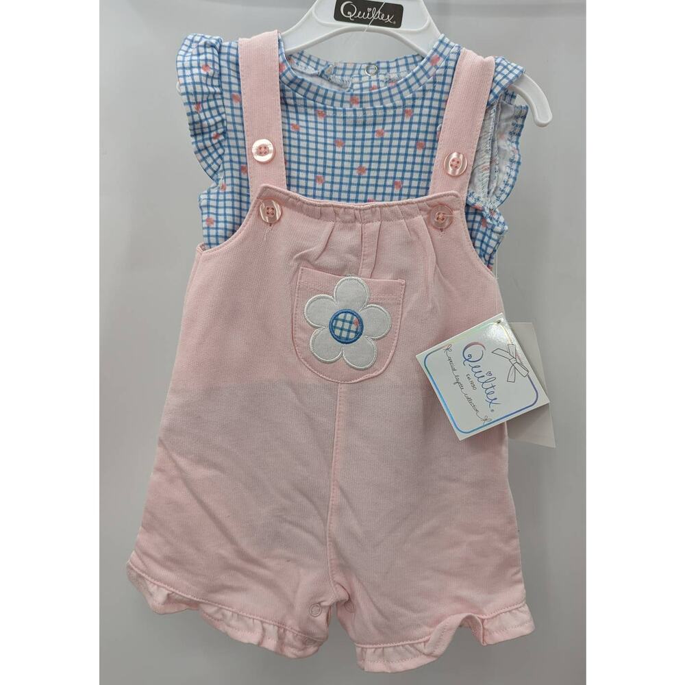 Quiltex Shortalls Pink Suspender Blue Plaid Floral Top 2 Piece Outfit 18mo NWT